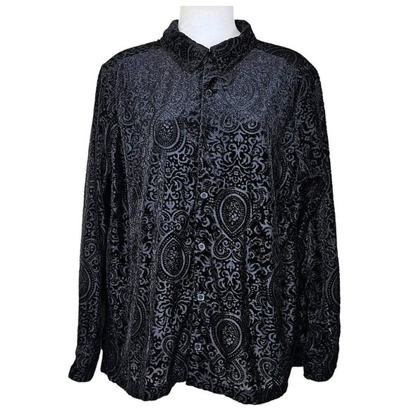 White Stag Black Paisley Velvet & Sheer Button Up Top Size XL(16-18) - Picture 1 of 7